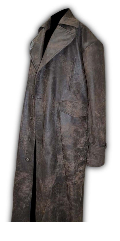 Mens Distressed Brown Leather Long Coat
