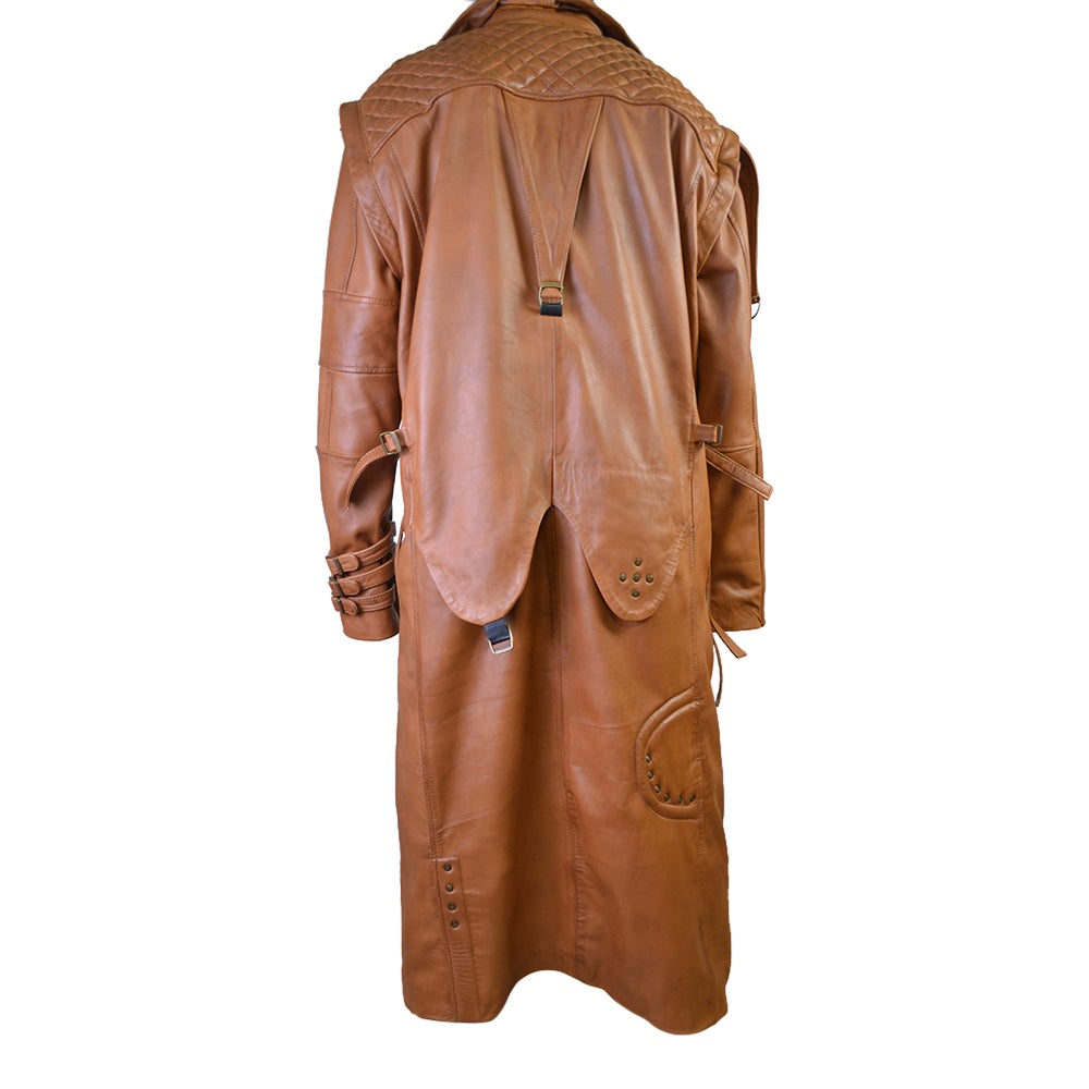 Mens Designer Tan Cosplay Costume Leather Trench Coat