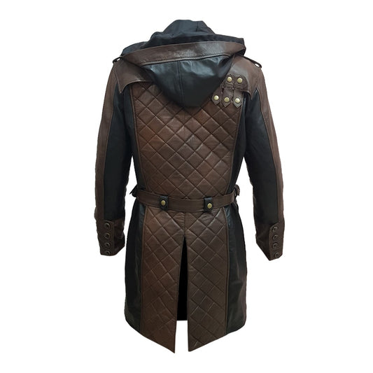 Mens Fashion Brown and Black Dorian Hoodie Creed Leather Coat