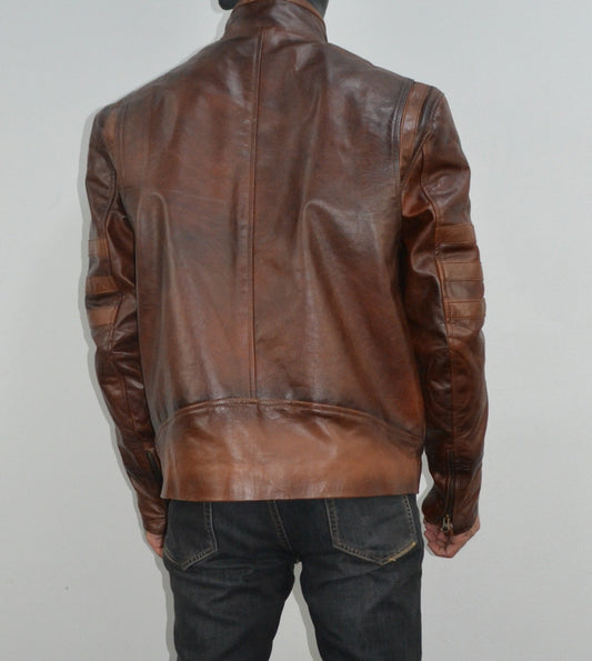 Mens Brown Biker Leather Jacket Origins Slim Fit Stripe Leather Racer Jacket