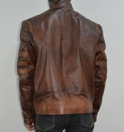 Mens Brown Biker Leather Jacket Origins Slim Fit Stripe Leather Racer Jacket