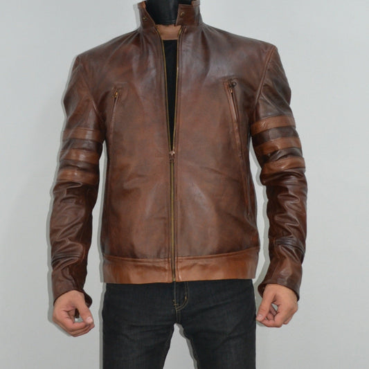 Mens Brown Biker Leather Jacket Origins Slim Fit Stripe Leather Racer Jacket