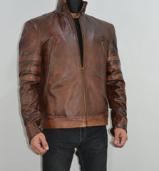 Mens Brown Biker Leather Jacket Origins Slim Fit Stripe Leather Racer Jacket