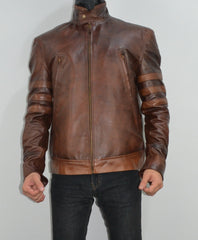 Mens Brown Biker Leather Jacket Origins Slim Fit Stripe Leather Racer Jacket