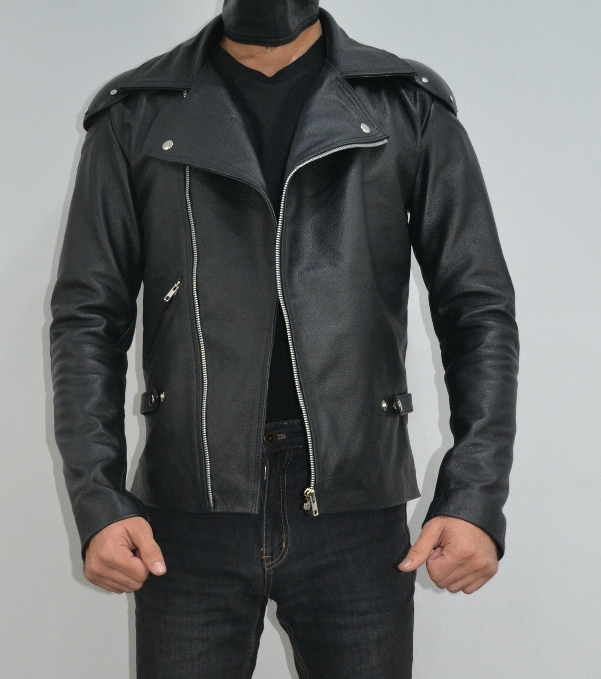 The Goose Mad Max 1979 black genuine cowhide leather biker jacket – front view on model