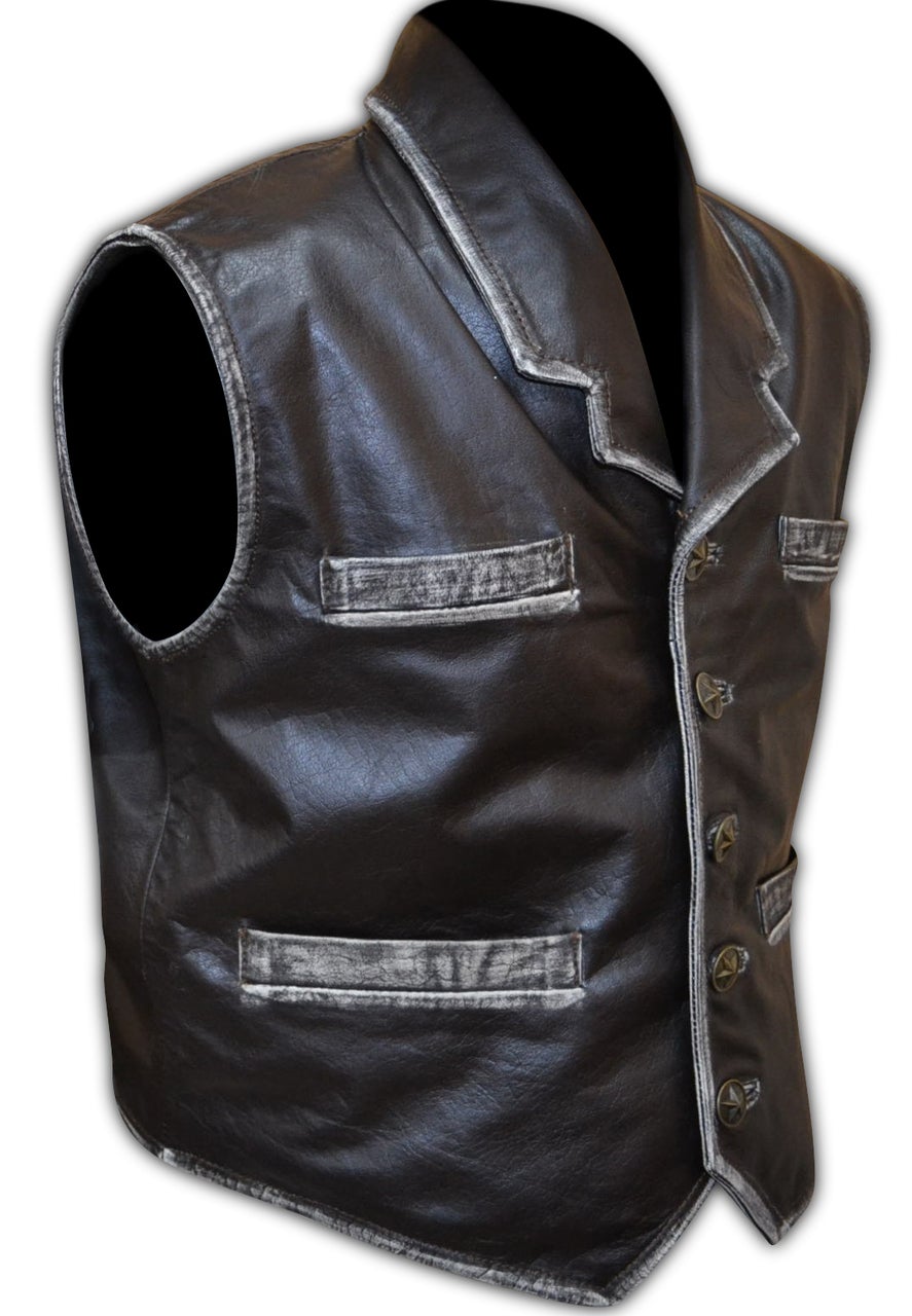 A brown leather vest with quilted polyester lining, featuring a front button-closure, red inner piping, and multiple pockets with silver-colored buckles.