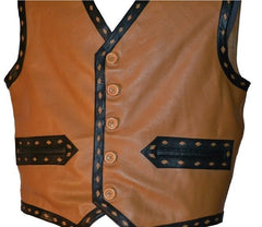 Men’s Tan Genuine Leather Biker Vest – Button-Front Motorcycle Style