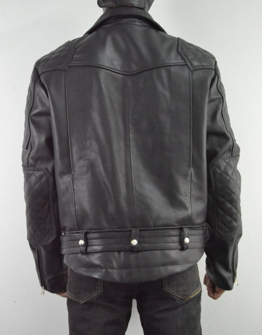 Mens Quilted Side Lace up Leather Biker Jacket