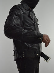 Mens Quilted Side Lace up Leather Biker Jacket