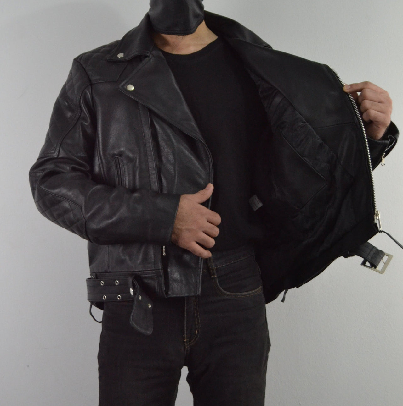 Mens Quilted Side Lace up Leather Biker Jacket