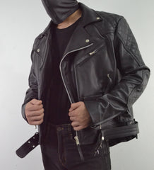 Mens Quilted Side Lace up Leather Biker Jacket