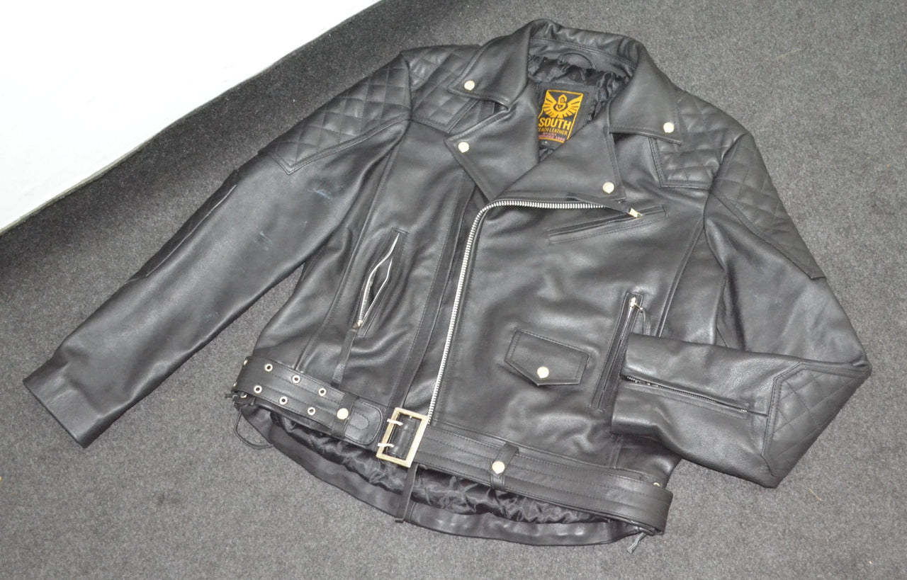 Mens Quilted Side Lace up Leather Biker Jacket