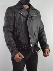 Mens Quilted Side Lace up Leather Biker Jacket