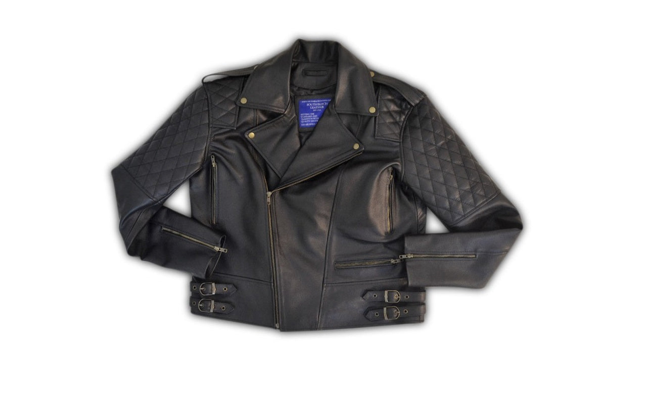 Mens Quilted Leather Motorcycle Biker Jacket