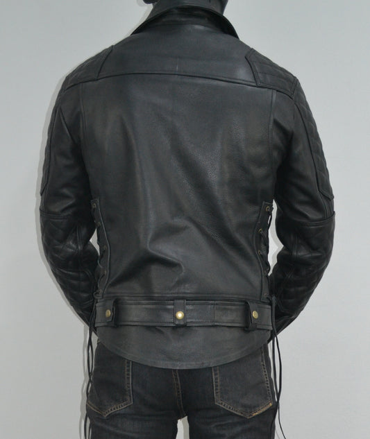 Mens Quilted Side Lace up Motorcycle Leather Biker Jacket