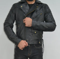 Mens Quilted Side Lace up Motorcycle Leather Biker Jacket
