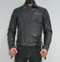 Mens Quilted Side Lace up Motorcycle Leather Biker Jacket