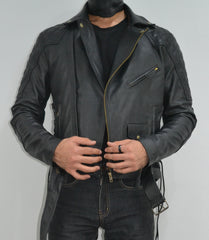 Mens Quilted Side Lace up Motorcycle Leather Biker Jacket