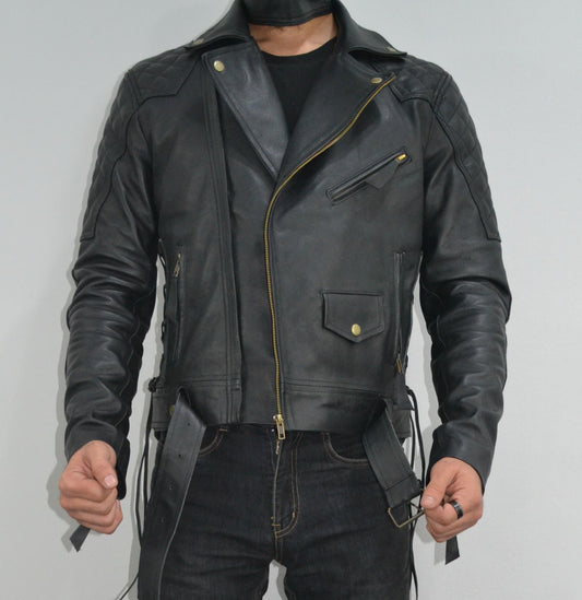 Mens Quilted Side Lace up Motorcycle Leather Biker Jacket