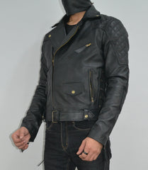 Mens Quilted Side Lace up Motorcycle Leather Biker Jacket