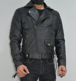 Mens Quilted Side Lace up Motorcycle Leather Biker Jacket