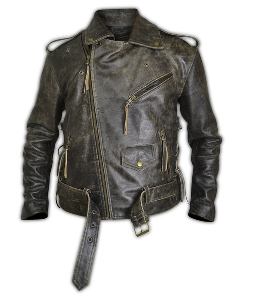 Side Lace-up Vintage Distress Motorcycle Biker Leather Jacket (CL-12)