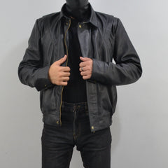 Mens Bomber Black Sheepskin Genuine Leather Jacket