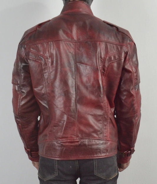 Mens Star Designer Maroon Genuine Waxed Biker Leather Jacket For Mens