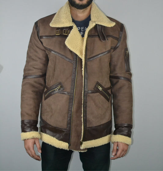 Mens Shearling Fur Bomber Brown Suede Leather Jacket