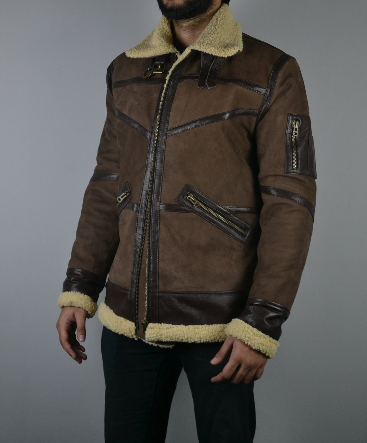 Mens Shearling Fur Bomber Brown Suede Leather Jacket