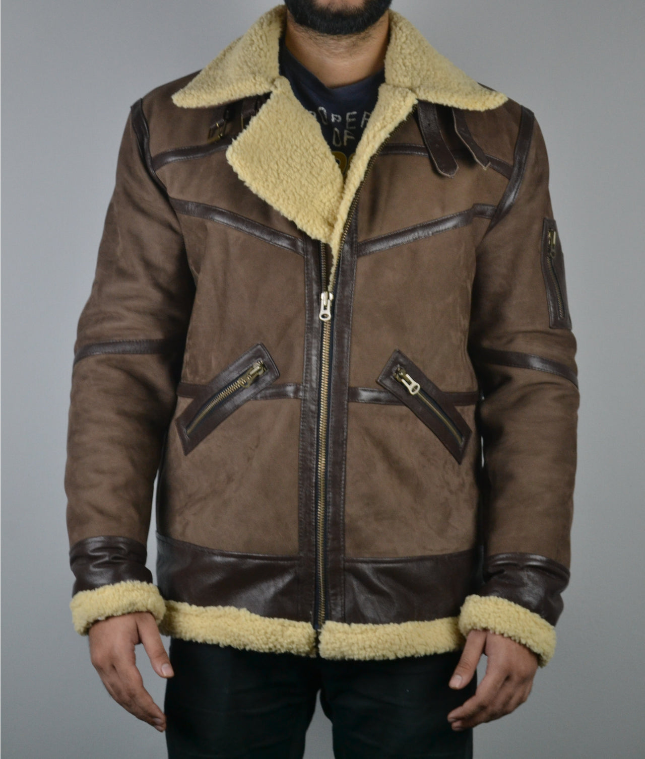 Men's Shearling Fur Bomber Brown Suede Leather Jacket