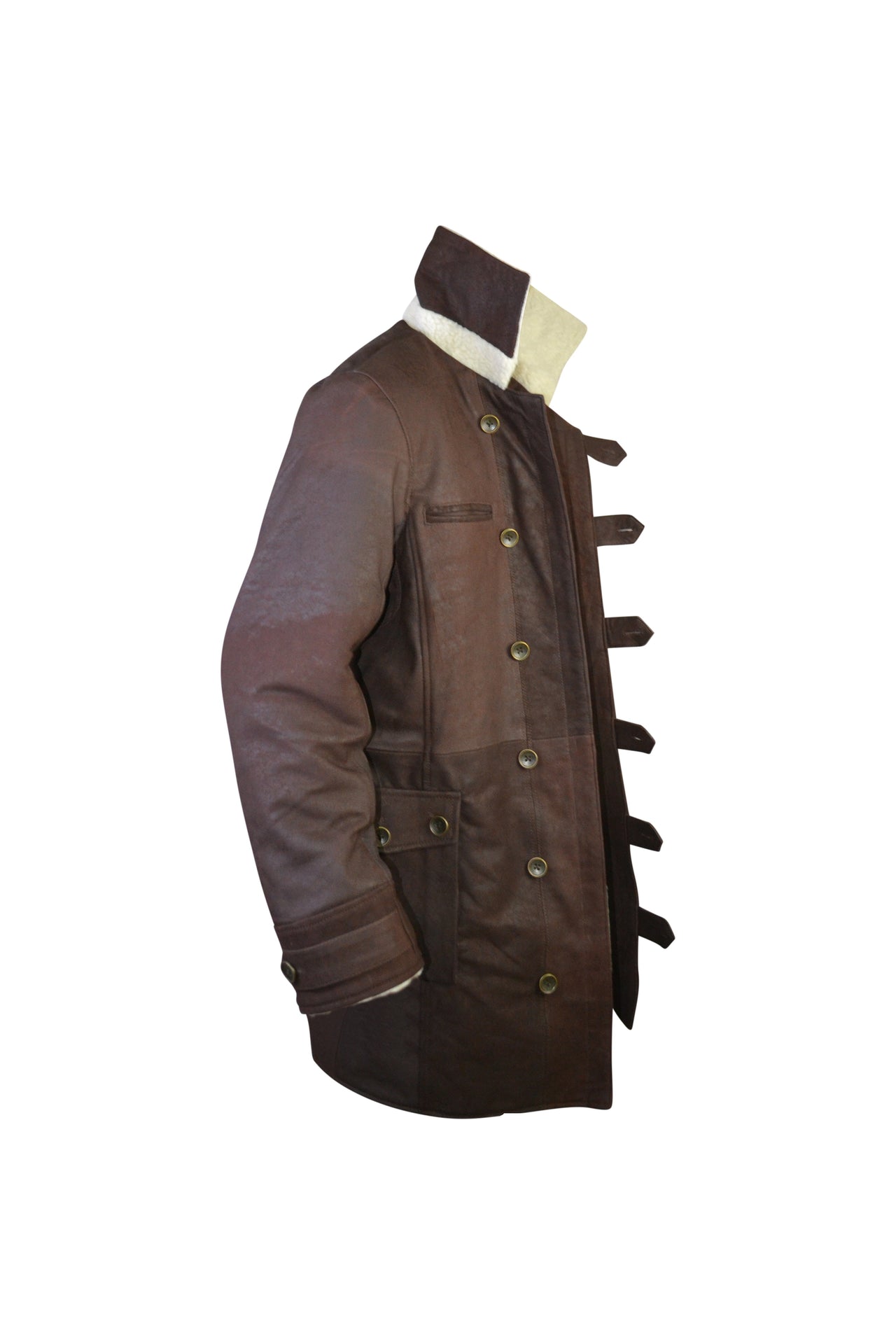Mens Shearling Fur Brown Distressed Genuine Trench Leather Coat