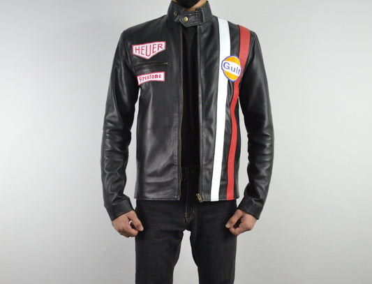 Men Cafe Racer Steve McQueen Stripe Leather Jacket Man's