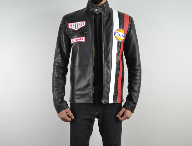 Men Cafe Racer Steve McQueen Stripe Leather Jacket