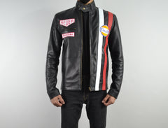 Men Cafe Racer Steve McQueen Stripe Leather Jacket Man's