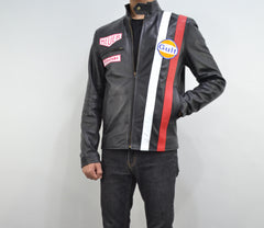 Men Cafe Racer Steve McQueen Stripe Leather Jacket Man's