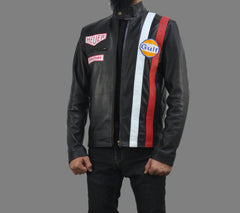 Men Cafe Racer Steve McQueen Stripe Leather Jacket Man's
