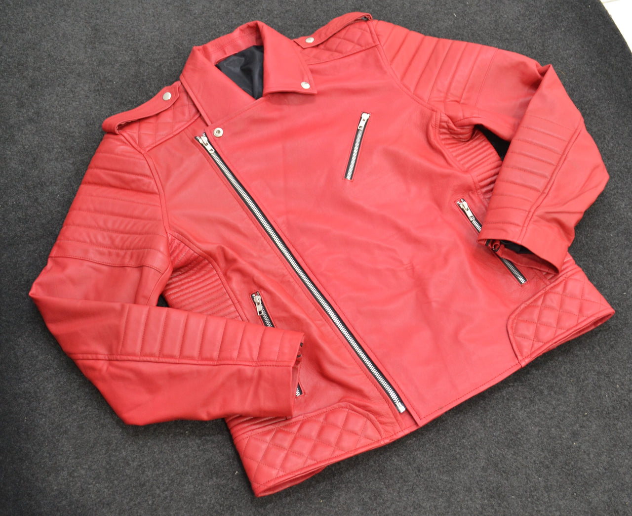 Men's Designer Quilted Padded Red Biker Leather Jacket