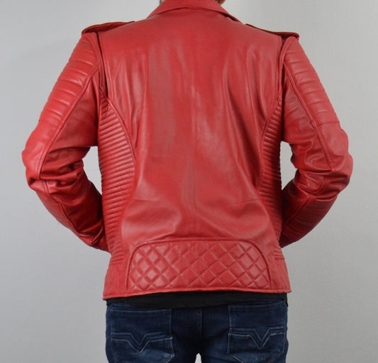 Men's Designer Quilted Padded Red Biker Leather Jacket
