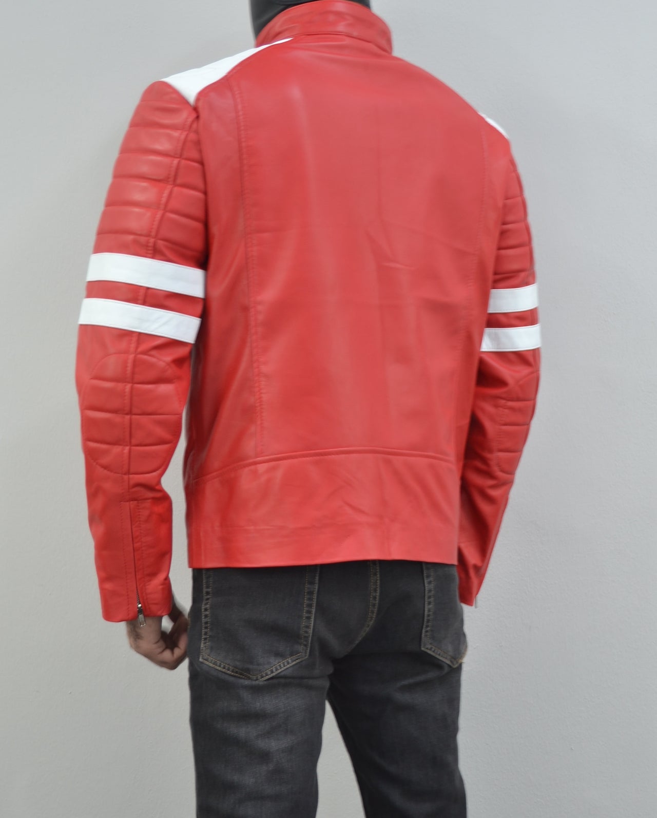 Mens Fight Club Brad Pitt Red And White Stripe Racer Leather Jacket