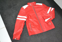 Mens Fight Club Brad Pitt Red And White Stripe Racer Leather Jacket