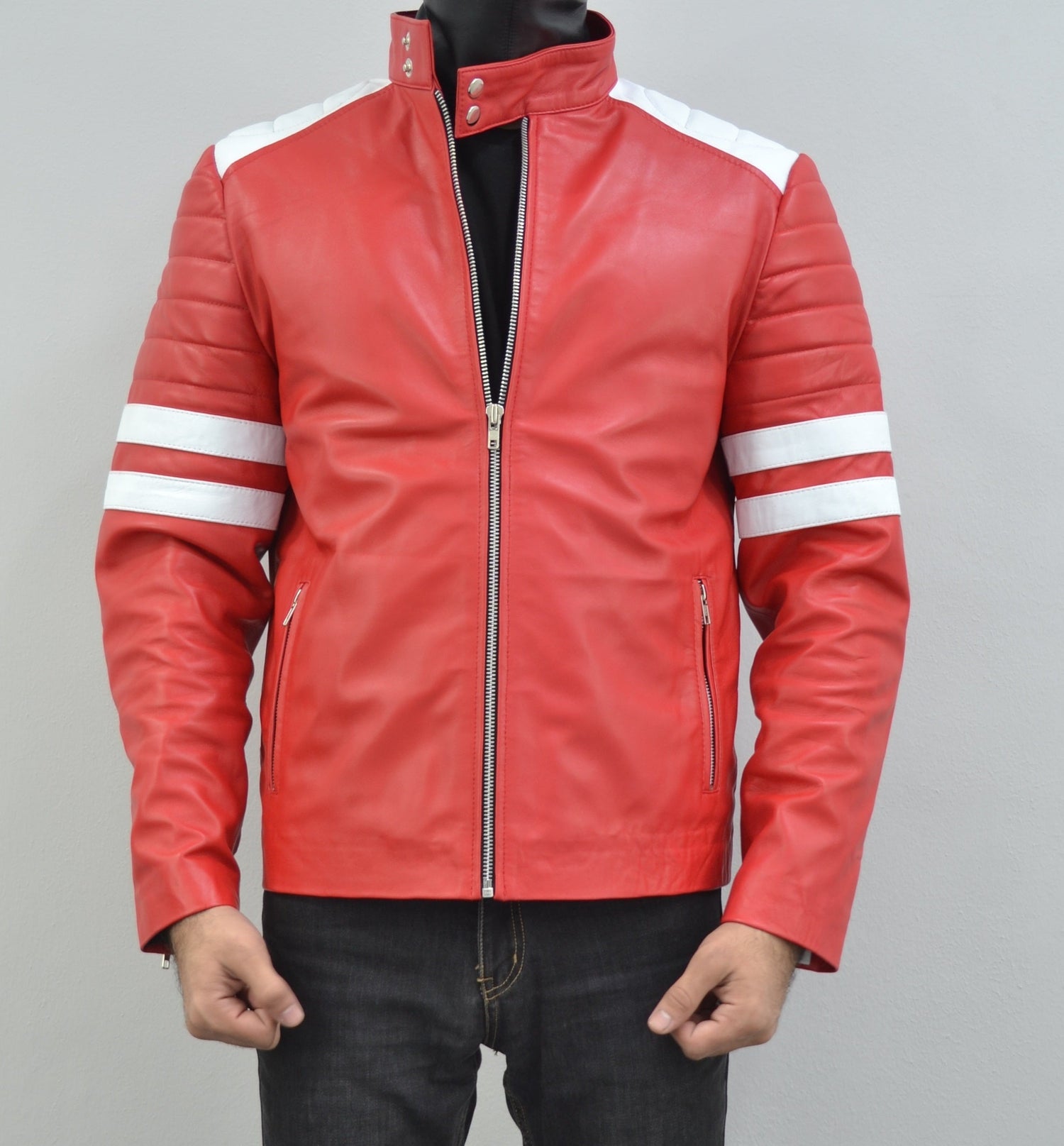 Mens Fight Club Brad Pitt Red And White Stripe Racer Leather