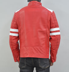 Mens Fight Club Brad Pitt Red And White Stripe Racer Leather Jacket