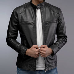 Men Cafe Racer Bomber Black Motorcycle Leather Jacket (CL-19)