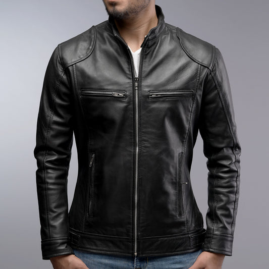 Men Cafe Racer Black Motorcycle Zipper Slim Fit Leather Jacket