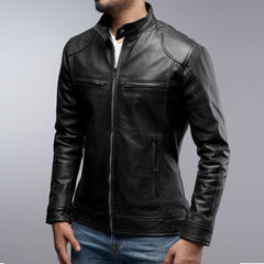 Men Cafe Racer Black Motorcycle Zipper Slim Fit Leather Jacket