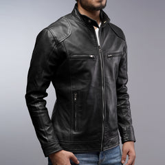Men Cafe Racer Black Motorcycle Zipper Slim Fit Leather Jacket