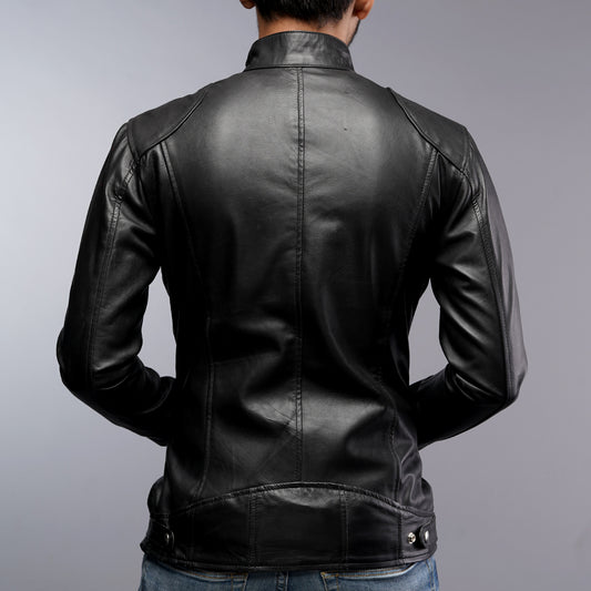 Men Cafe Racer Black Motorcycle Zipper Slim Fit Leather Jacket