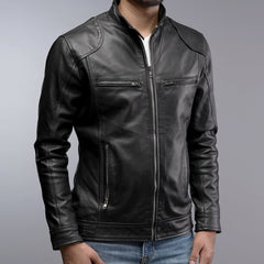 Men Cafe Racer Bomber Black Motorcycle Leather Jacket (CL-19)