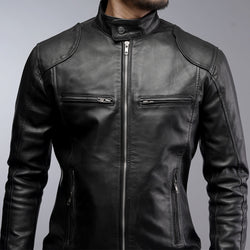 Men Cafe Racer Bomber Black Motorcycle Leather Jacket
